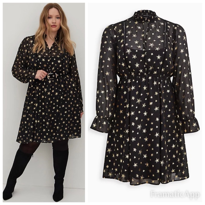 Nwt Torrid Mock Neck Mini Dress - Chiffon Stars Black